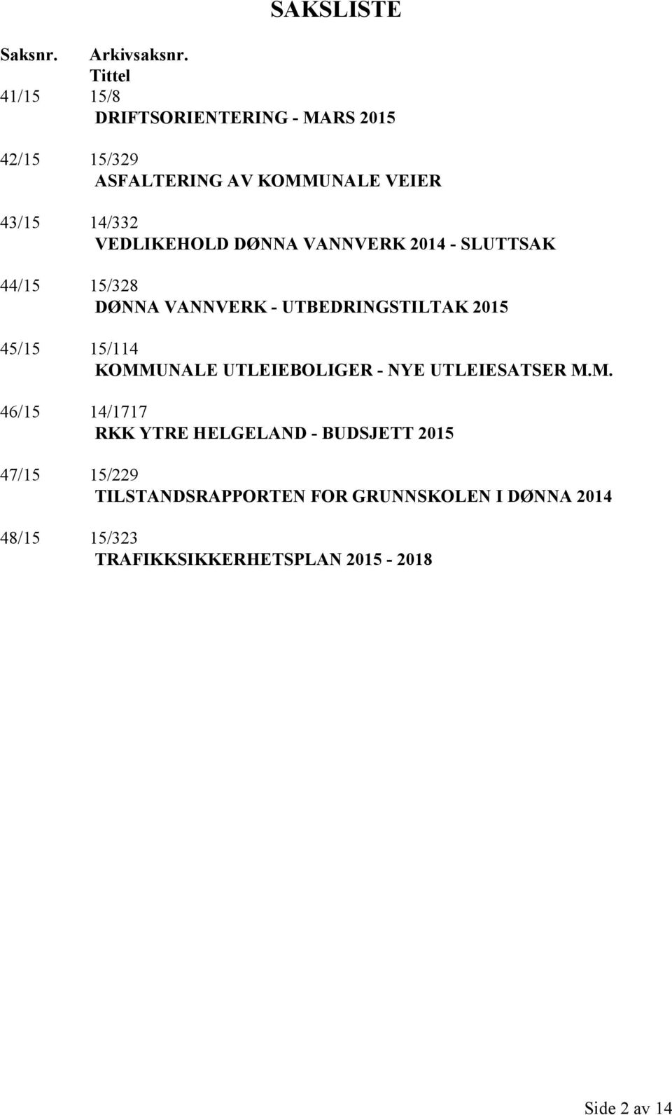 VEDLIKEHOLD DØNNA VANNVERK 2014 - SLUTTSAK 44/15 15/328 DØNNA VANNVERK - UTBEDRINGSTILTAK 2015 45/15 15/114