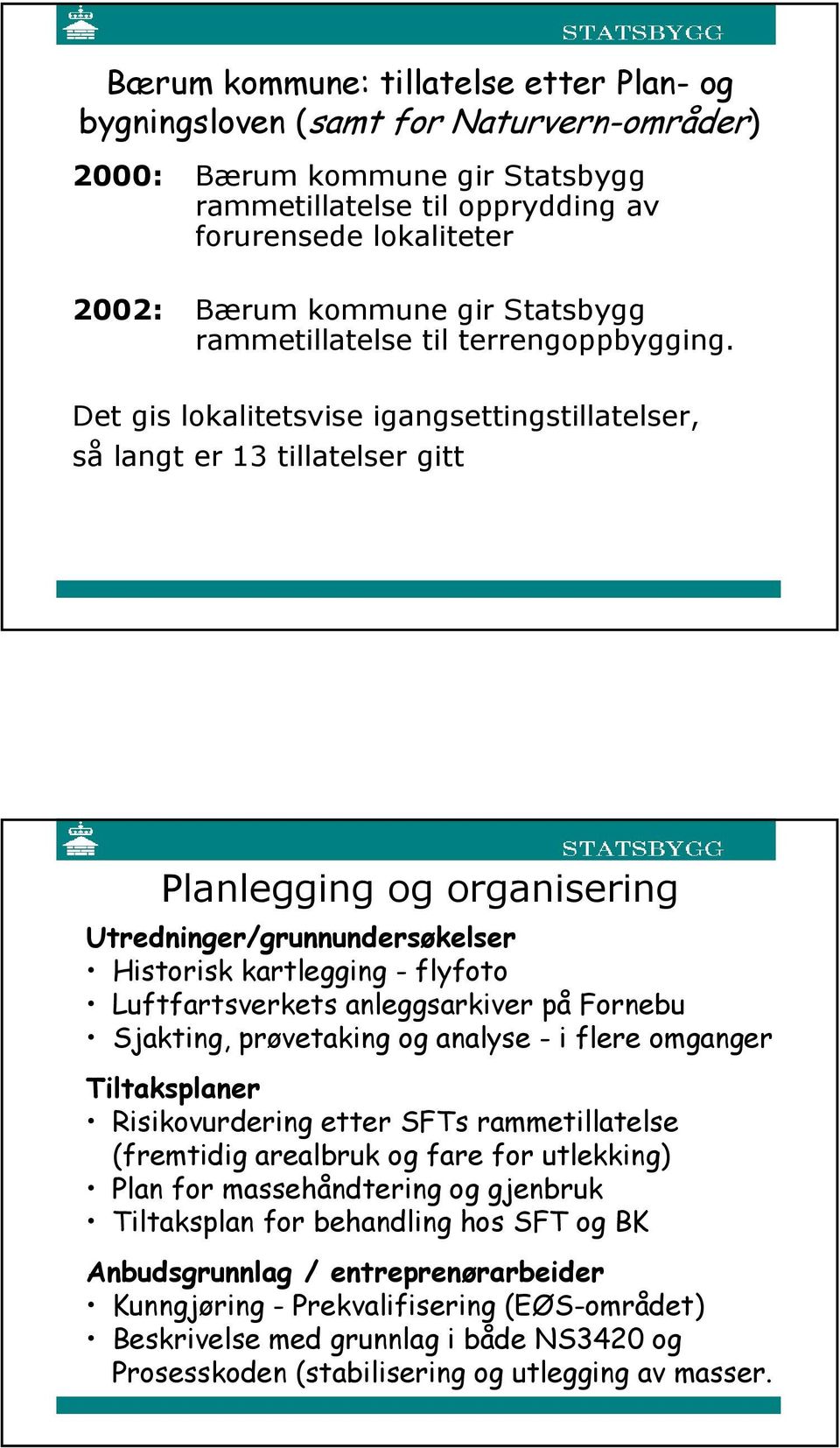 Det gis lokalitetsvise igangsettingstillatelser, så langt er 13 tillatelser gitt Planlegging og organisering Utredninger/grunnundersøkelser Historisk kartlegging - flyfoto Luftfartsverkets