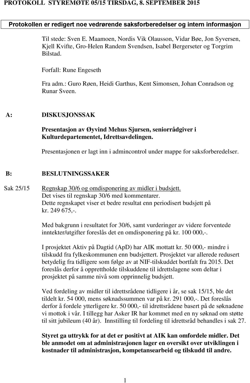 : Guro Røen, Heidi Garthus, Kent Simonsen, Johan Conradson og Runar Sveen. A: DISKUSJONSSAK Presentasjon av Øyvind Mehus Sjursen, seniorrådgiver i Kulturdepartementet, Idrettsavdelingen.