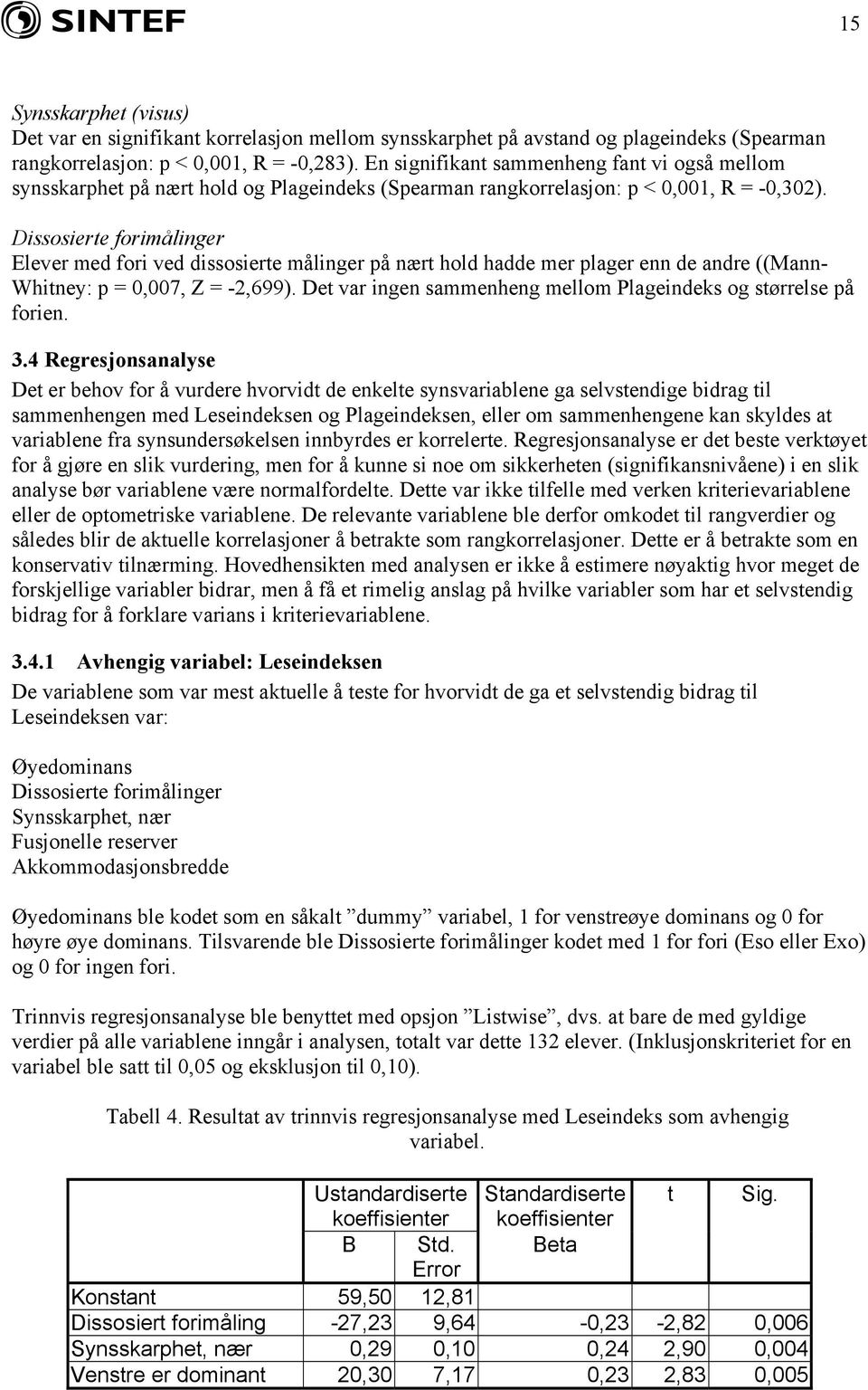 Dissosierte forimålinger Elever med fori ved dissosierte målinger på nært hold hadde mer plager enn de andre ((Mann- Whitney: p = 0,007, Z = -2,699).