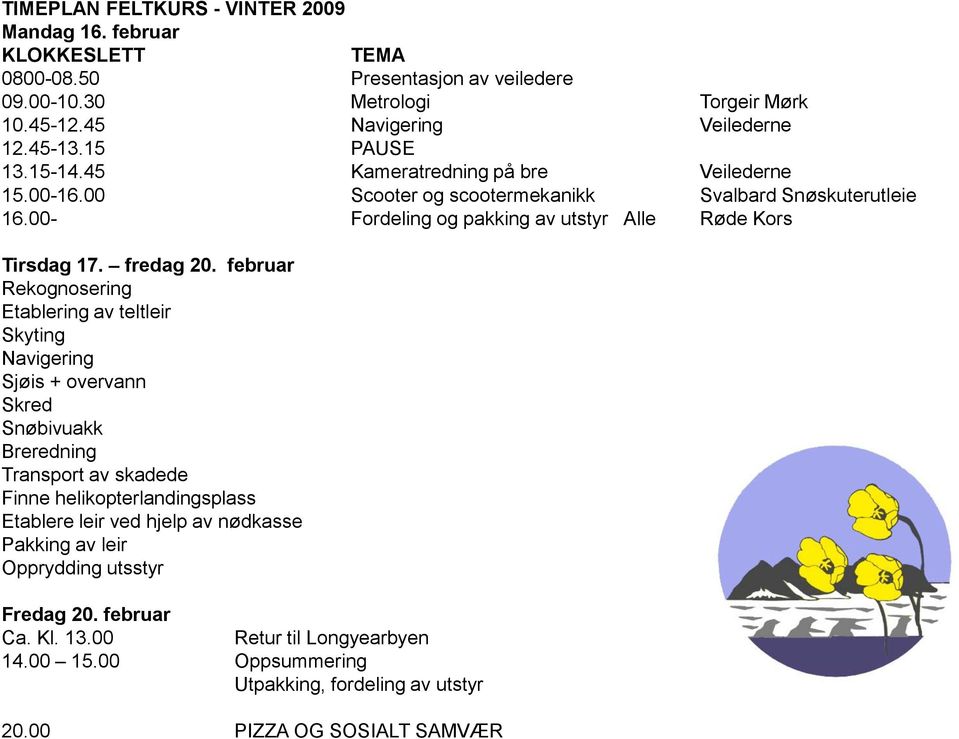 februar Rekognosering Etablering av teltleir Skyting Navigering Sjøis + overvann Skred Snøbivuakk Breredning Transport av skadede Finne helikopterlandingsplass Etablere leir ved hjelp