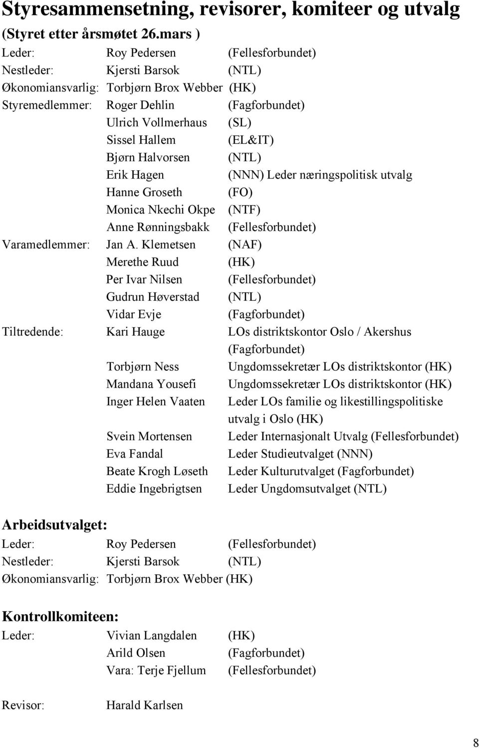 Hallem (EL&IT) Bjørn Halvorsen (NTL) Erik Hagen (NNN) Leder næringspolitisk utvalg Hanne Groseth (FO) Monica Nkechi Okpe (NTF) Anne Rønningsbakk (Fellesforbundet) Varamedlemmer: Jan A.