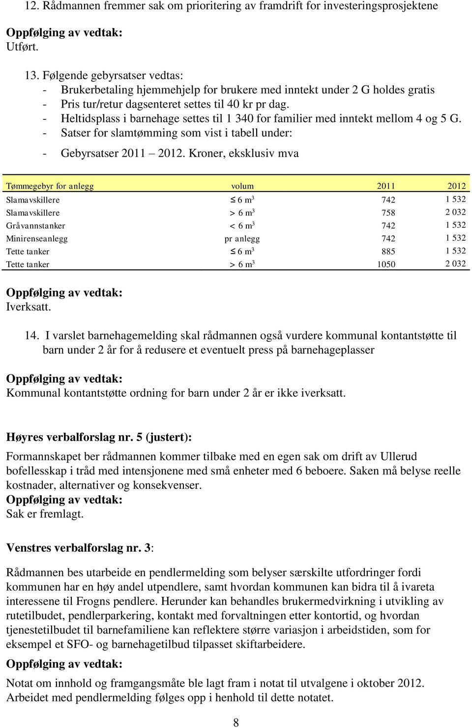 - Heltidsplass i barnehage settes til 1 340 for familier med inntekt mellom 4 og 5 G. - Satser for slamtømming som vist i tabell under: - Gebyrsatser 2011 2012.