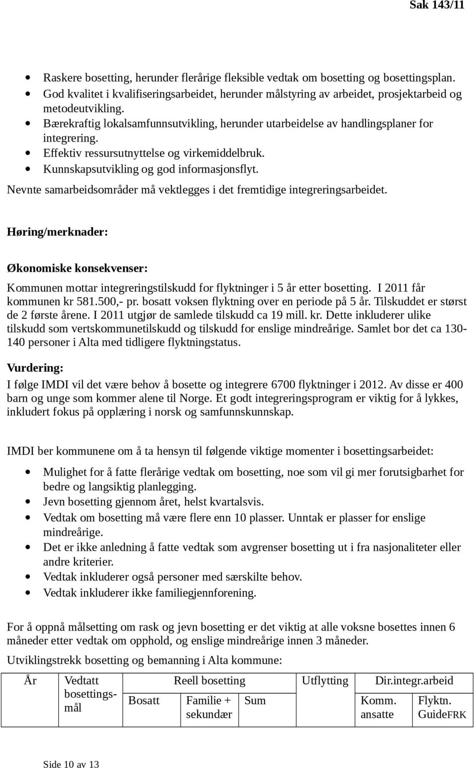 Nevnte samarbeidsområder må vektlegges i det fremtidige integreringsarbeidet. Høring/merknader: Økonomiske konsekvenser: Kommunen mottar integreringstilskudd for flyktninger i 5 år etter bosetting.