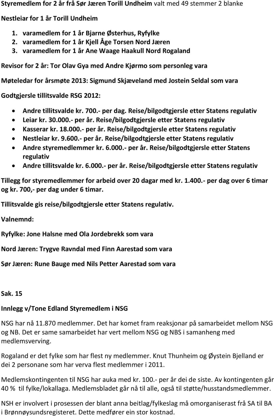 varamedlem for 1 år Ane Waage Haakull Nord Rogaland Revisor for 2 år: Tor Olav Gya med Andre Kjørmo som personleg vara Møteledar for årsmøte 2013: Sigmund Skjæveland med Jostein Seldal som vara