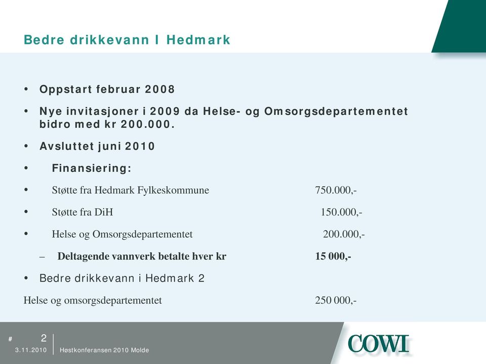 Avsluttet juni 2010 Finansiering: Støtte fra Hedmark Fylkeskommune 750.000,- Støtte fra DiH 150.