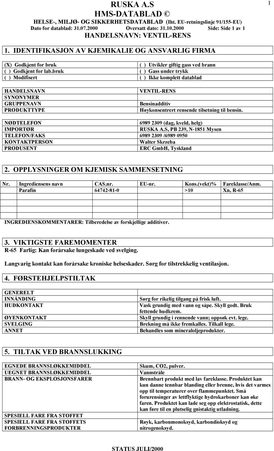 bruk ( ) Gass under trykk ( ) Modifisert ( ) Ikke komplett datablad HANDELSNAVN SYNONYMER GRUPPENAVN PRODUKTTYPE VENTIL-RENS Bensinadditiv Høykonsentrert rensende tilsetning til bensin.