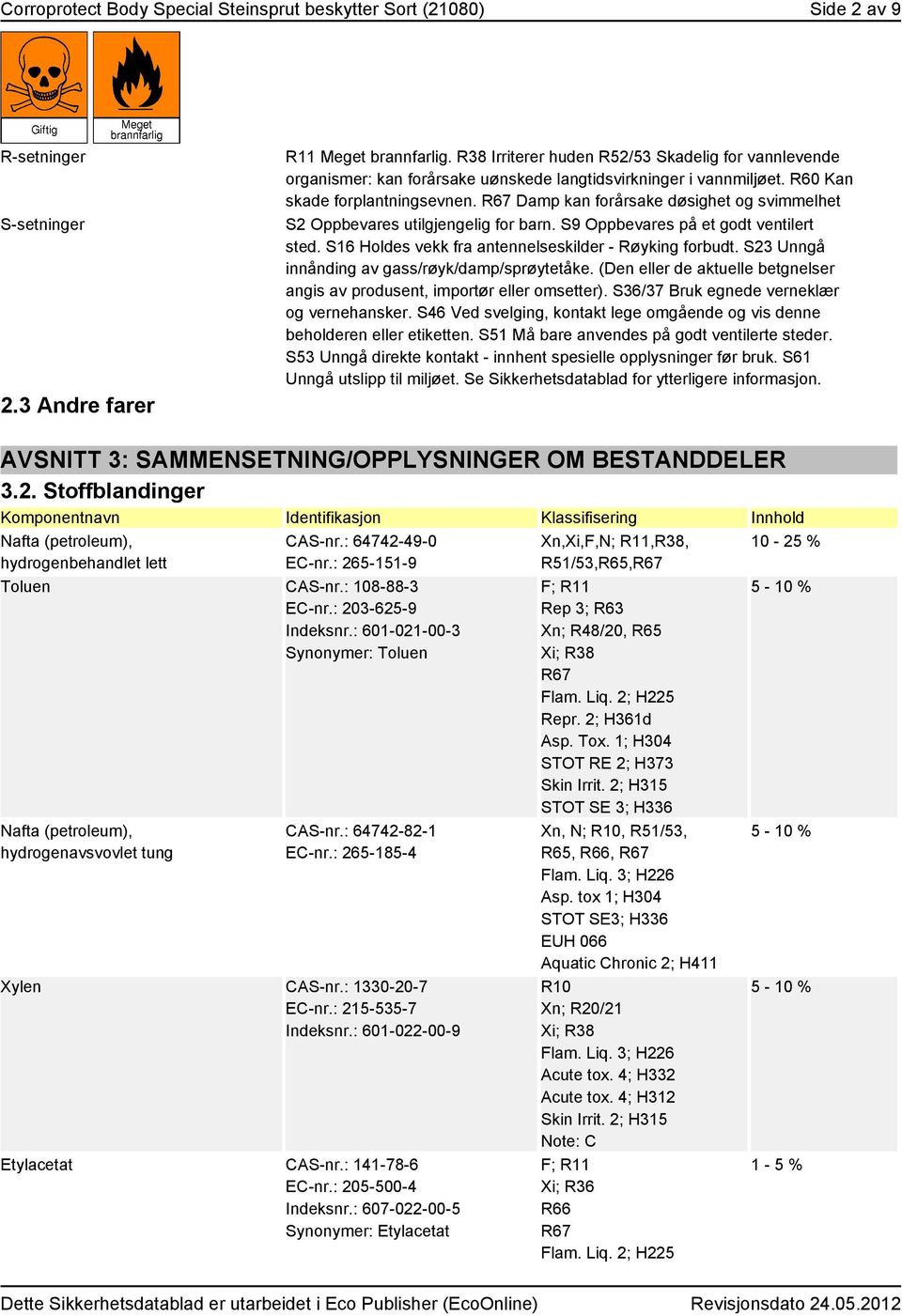 R67 Damp kan forårsake døsighet og svimmelhet S2 Oppbevares utilgjengelig for barn. S9 Oppbevares på et godt ventilert sted. S16 Holdes vekk fra antennelseskilder - Røyking forbudt.