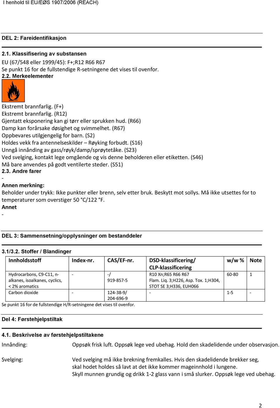 (S2) Holdes vekk fra antennelseskilder Røyking forbudt. (S16) Unngå innånding av gass/røyk/damp/sprøytetåke. (S23) Ved svelging, kontakt lege omgående og vis denne beholderen eller etiketten.