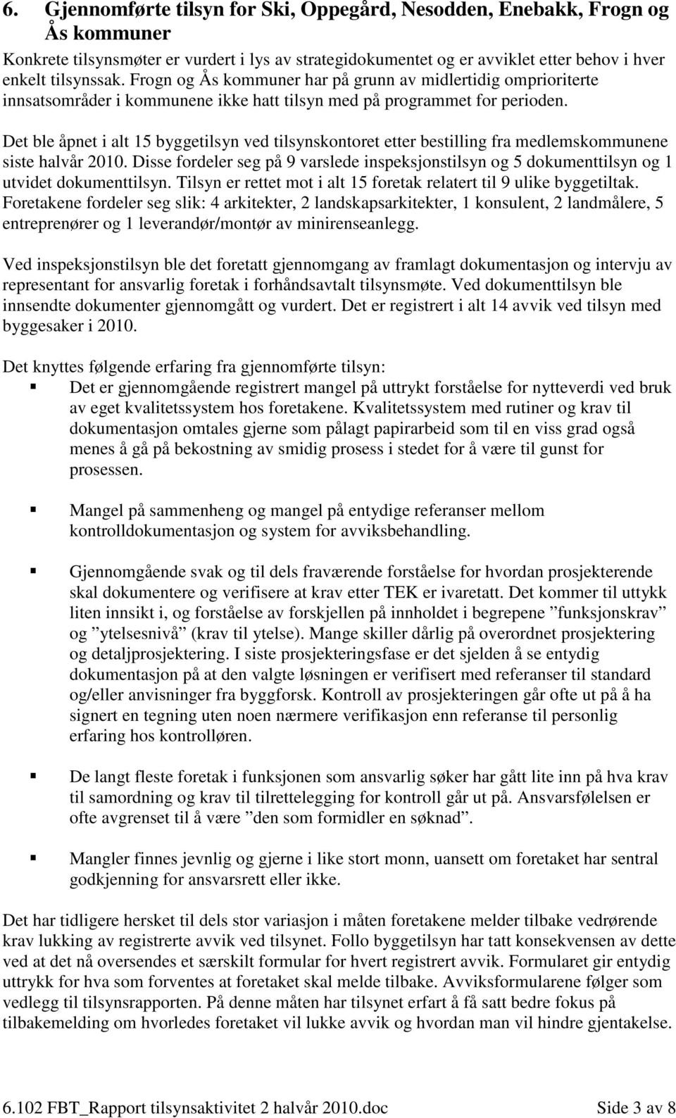 Det ble åpnet i alt 15 byggetilsyn ved tilsynskontoret etter bestilling fra medlemskommunene siste halvår 2010.