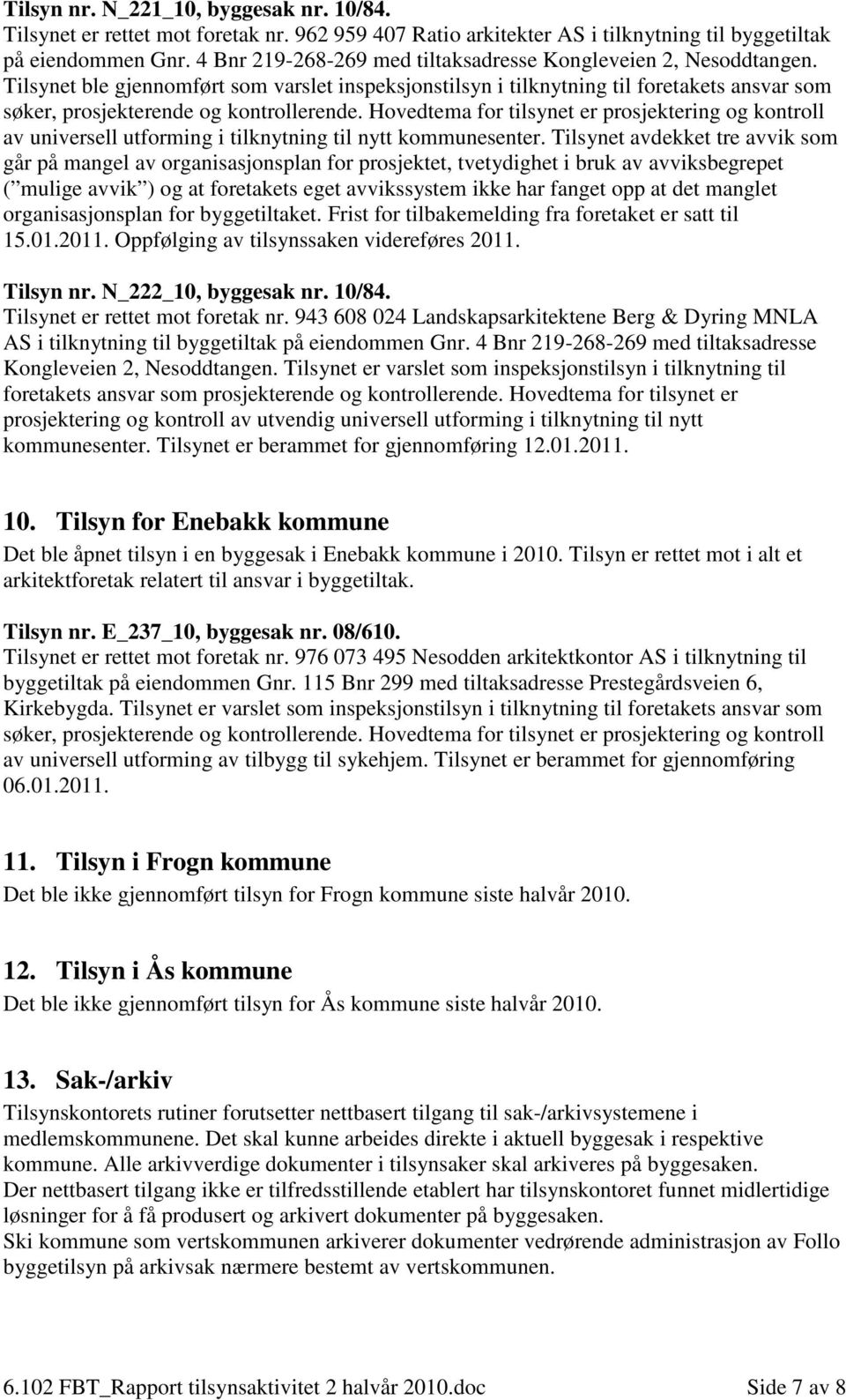 Tilsynet ble gjennomført som varslet inspeksjonstilsyn i tilknytning til foretakets ansvar som søker, prosjekterende og kontrollerende.