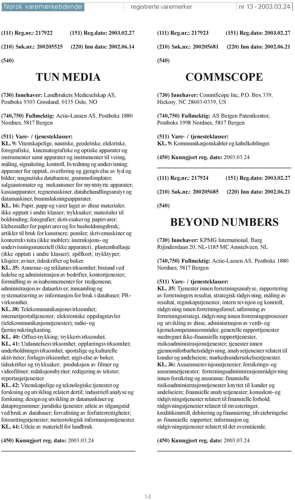 21 TUN MEDIA COMMSCOPE (730) Innehaver: Landbrukets Medieselskap AS, Postboks 9303 Grønland, 0135 Oslo, NO (740,750) Fullmektig: Actio-Lassen AS, Postboks 1880 Nordnes, 5817 Bergen KL.