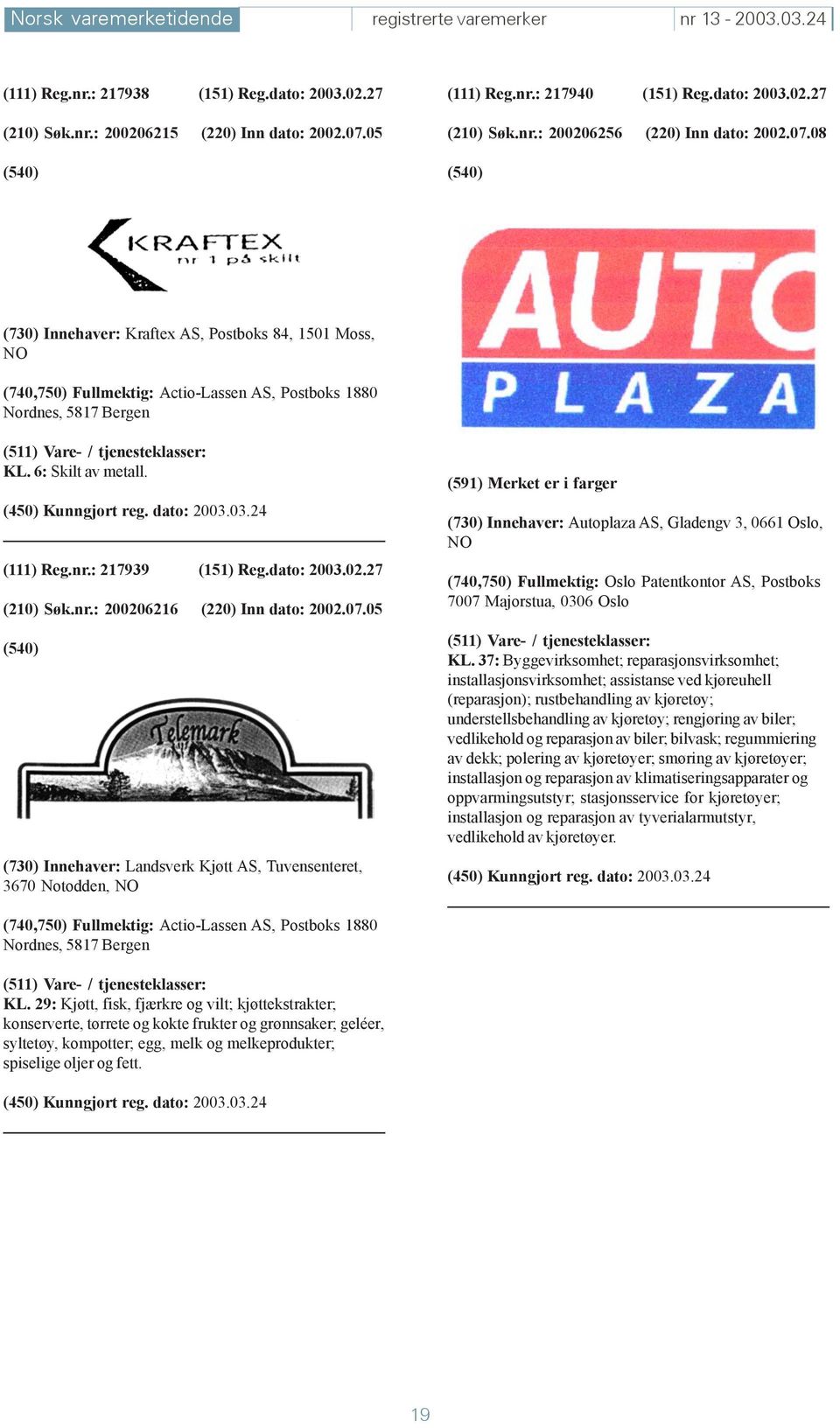 08 (730) Innehaver: Kraftex AS, Postboks 84, 1501 Moss, NO (740,750) Fullmektig: Actio-Lassen AS, Postboks 1880 Nordnes, 5817 Bergen KL. 6: Skilt av metall. (111) Reg.nr.: 217939 (151) Reg.dato: 2003.