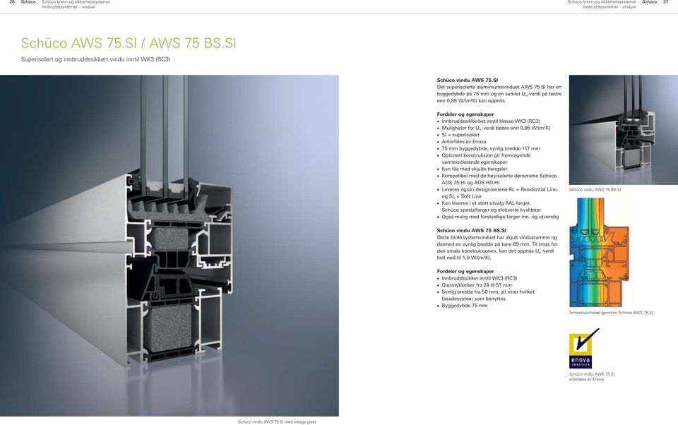 SI har en byggedybde på 75 mm og en samlet U w -verdi på bedre enn 0,85 W/(m²K) kan oppnås.