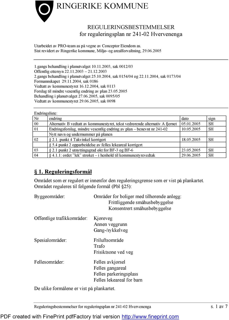 10.2004, sak 0154/04 og 22.11.2004, sak 0173/04 Formannskapet 29.11.2004, sak 0186 Vedtatt av kommunestyret 16.12.2004, sak 0113 Forslag til mindre vesentlig endring av plan 23.05.