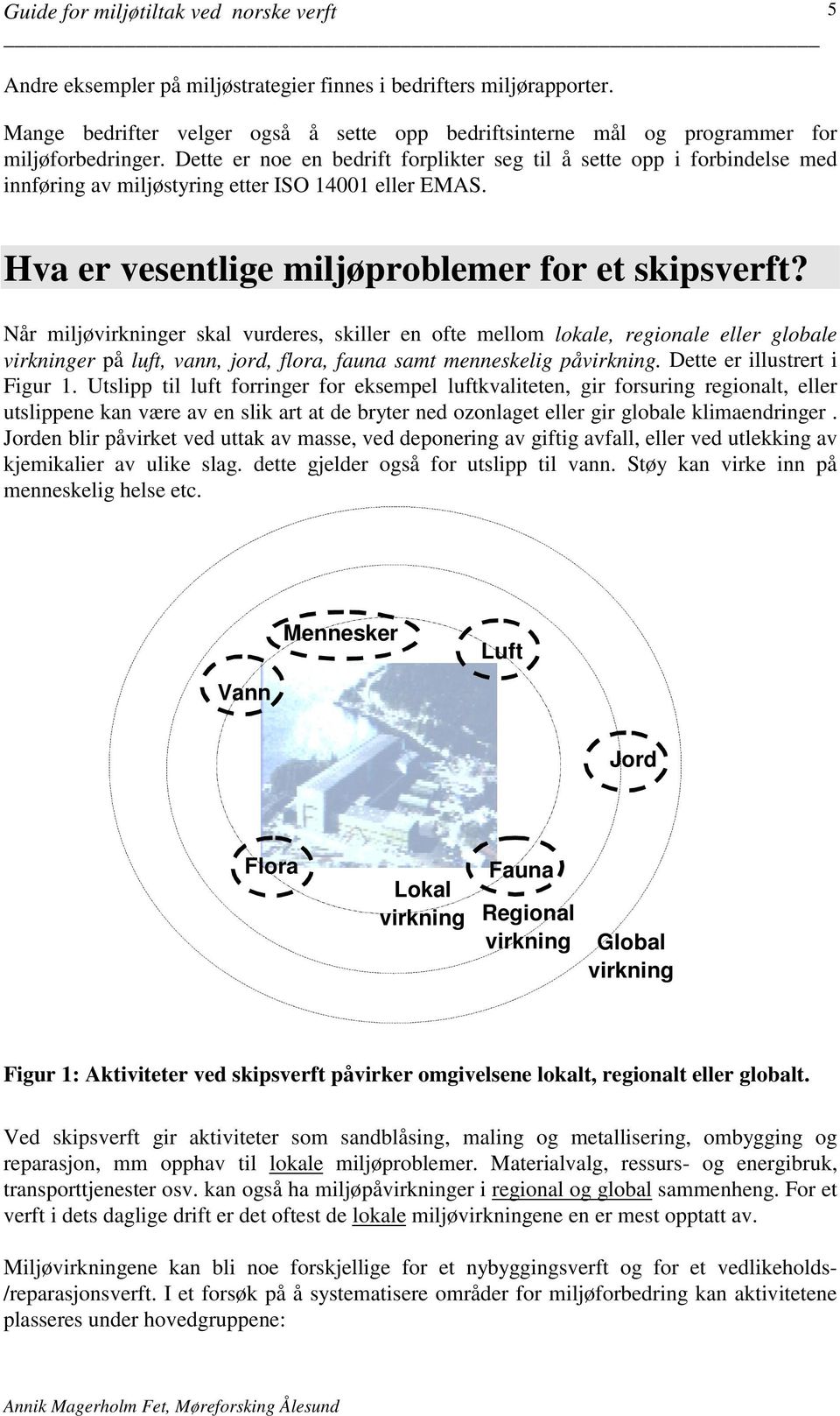 Når miljøvirkninger skal vurderes, skiller en ofte mellom lokale, regionale eller globale virkninger på luft, vann, jord, flora, fauna samt menneskelig påvirkning. Dette er illustrert i Figur 1.