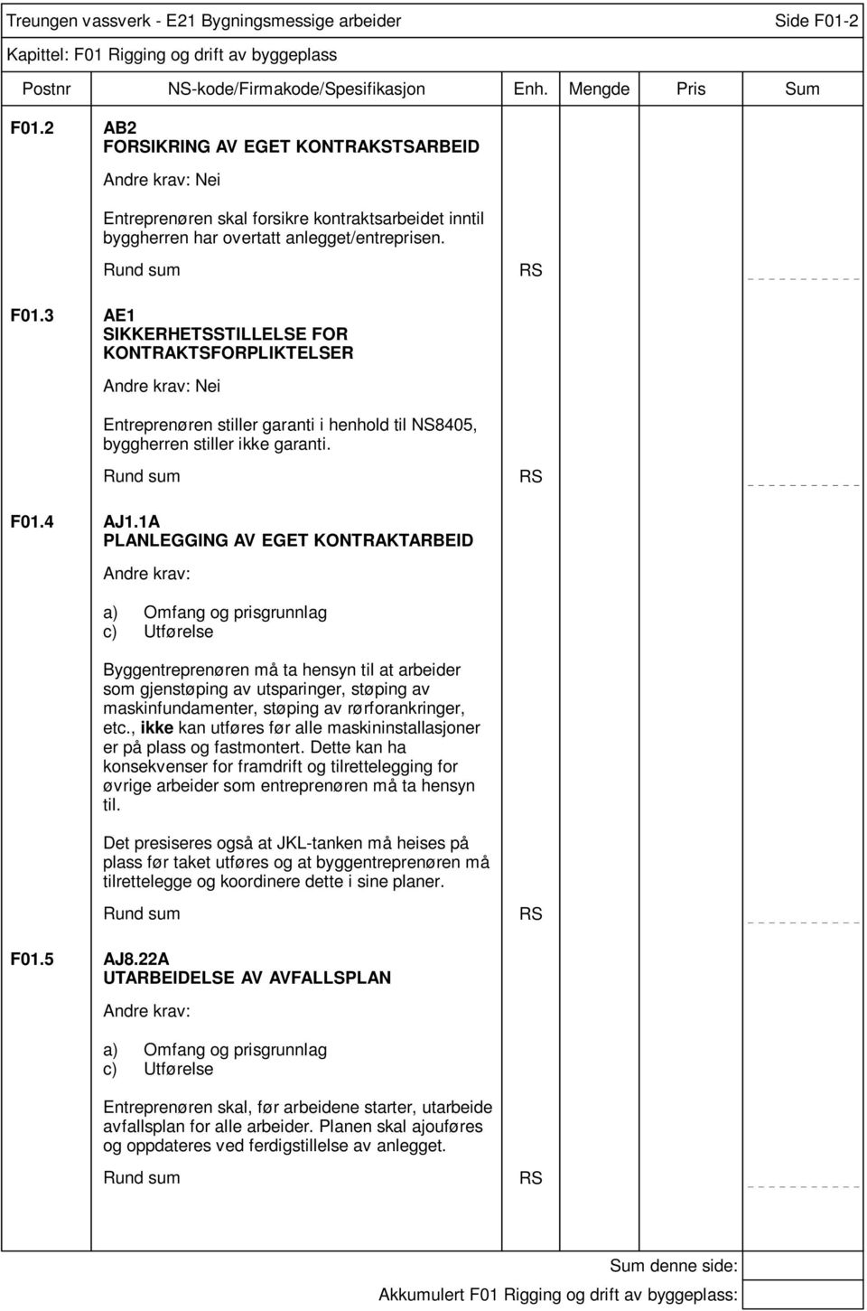 3 AE1 SIKKERHETSSTILLELSE FOR KONTRAKTSFORPLIKTELSER Entreprenøren stiller garanti i henhold til NS8405, byggherren stiller ikke garanti. Rund sum RS F01.4 AJ1.