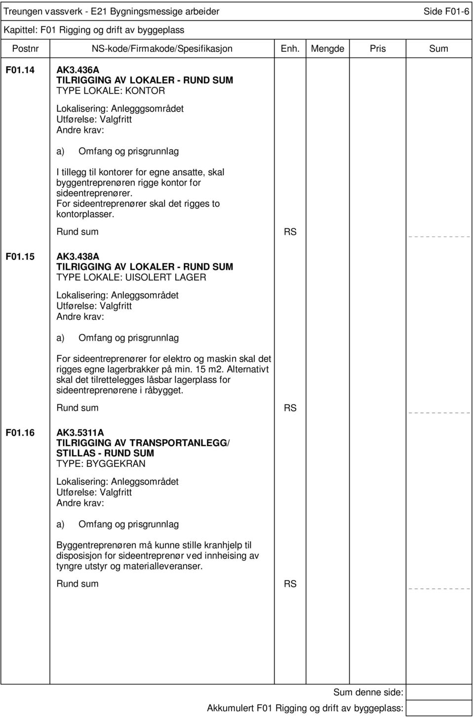 sideentreprenører. For sideentreprenører skal det rigges to kontorplasser. Rund sum RS F01.15 AK3.