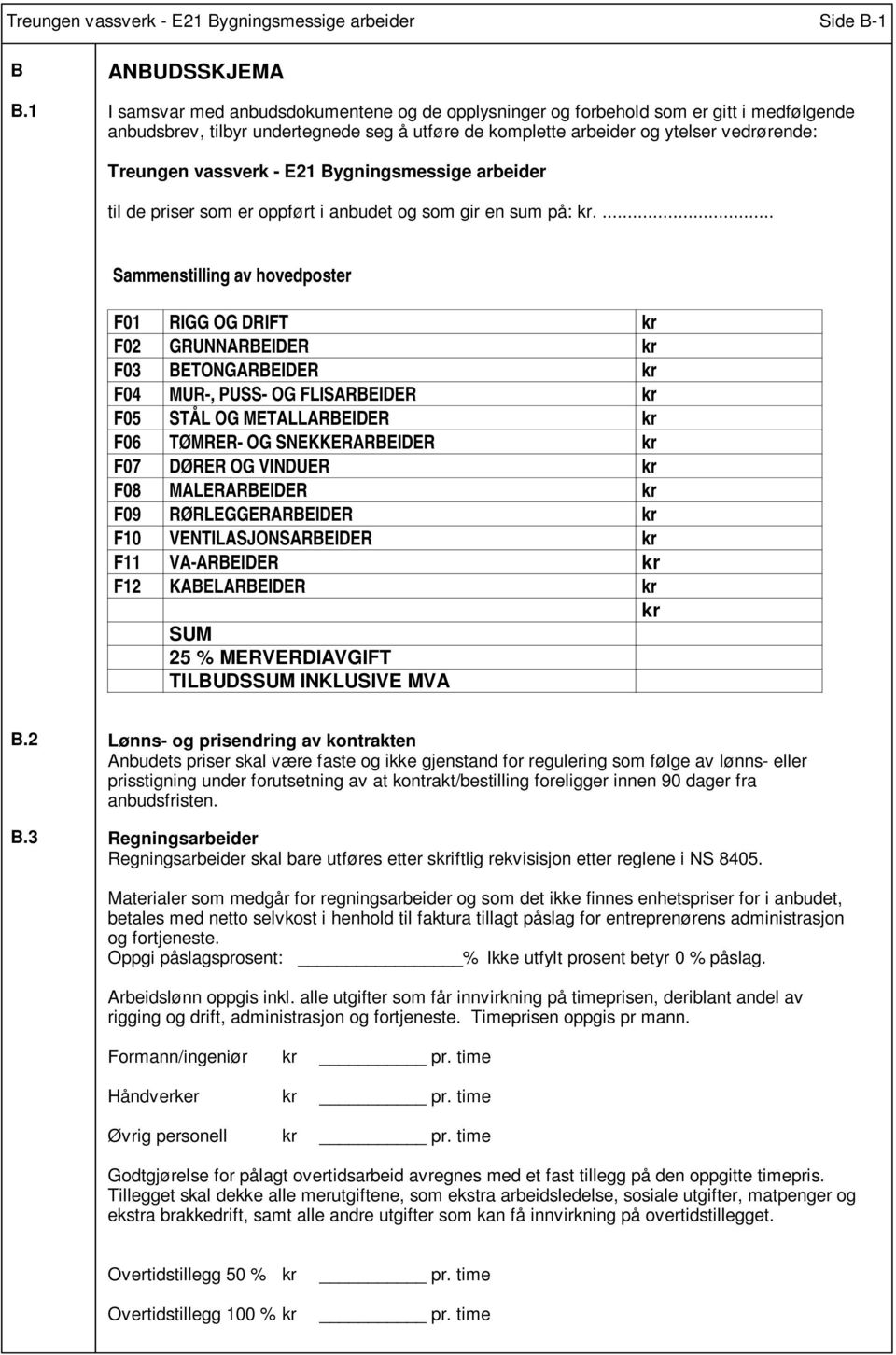 - E21 Bygningsmessige arbeider til de priser som er oppført i anbudet og som gir en sum på: kr.