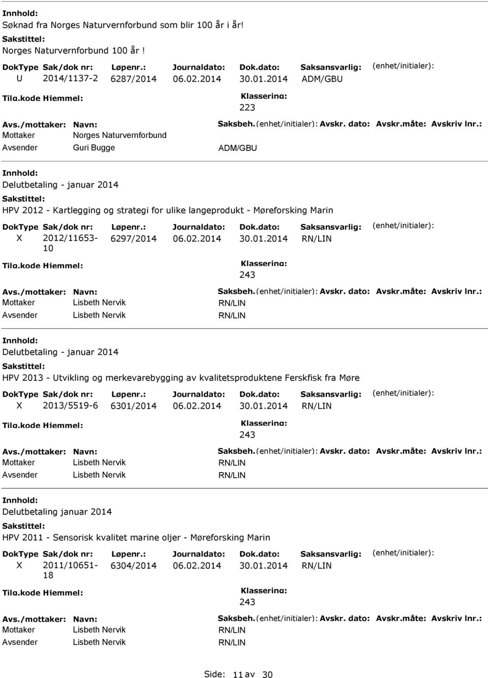 : 6297/2014 30.01.2014 RN/LN Avs./mottaker: Navn: Saksbeh. Avskr. dato: Avskr.måte: Avskriv lnr.