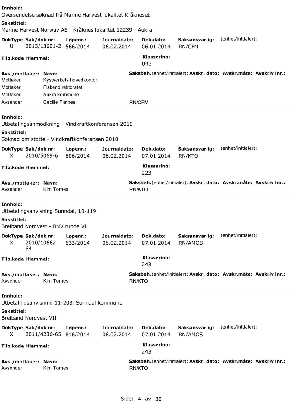 : Mottaker Kystverkets hovedkontor Mottaker Mottaker Fiskeridirektoratet Aukra kommune Cecilie Flatnes RN/CFM tbetalingsanmodkning - Vindkraftkonferansen 2010 Søknad om støtte - Vindkraftkonferansen