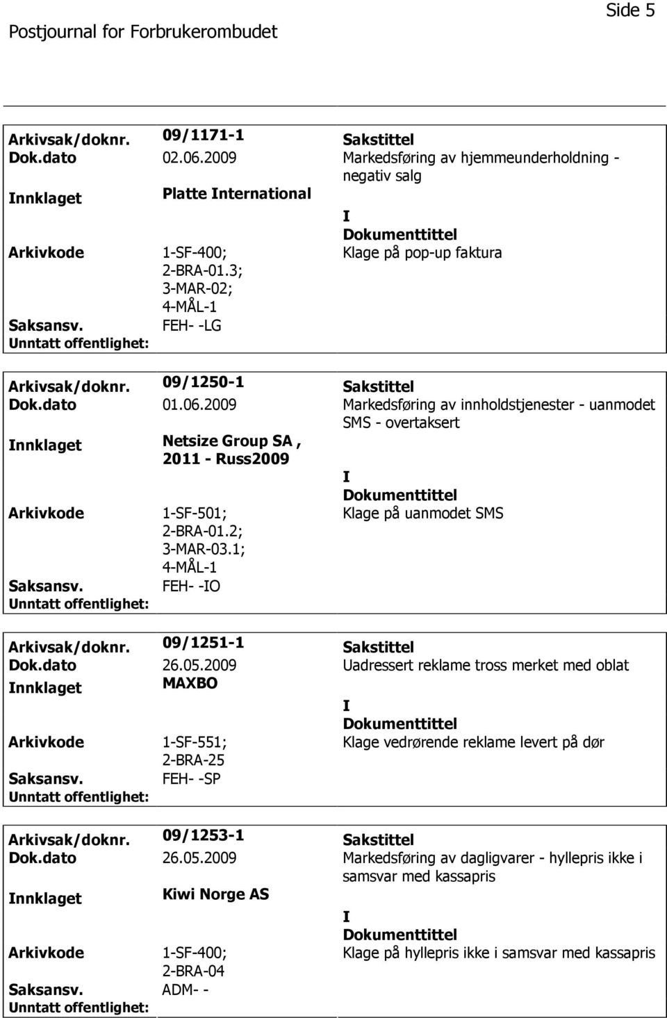 2009 Markedsføring av innholdstjenester - uanmodet SMS - overtaksert nnklaget Netsize Group SA, 2011 - Russ2009 1-SF-501; 2-BRA-01.2; 3-MAR-03.1; Klage på uanmodet SMS FEH- -O Arkivsak/doknr.