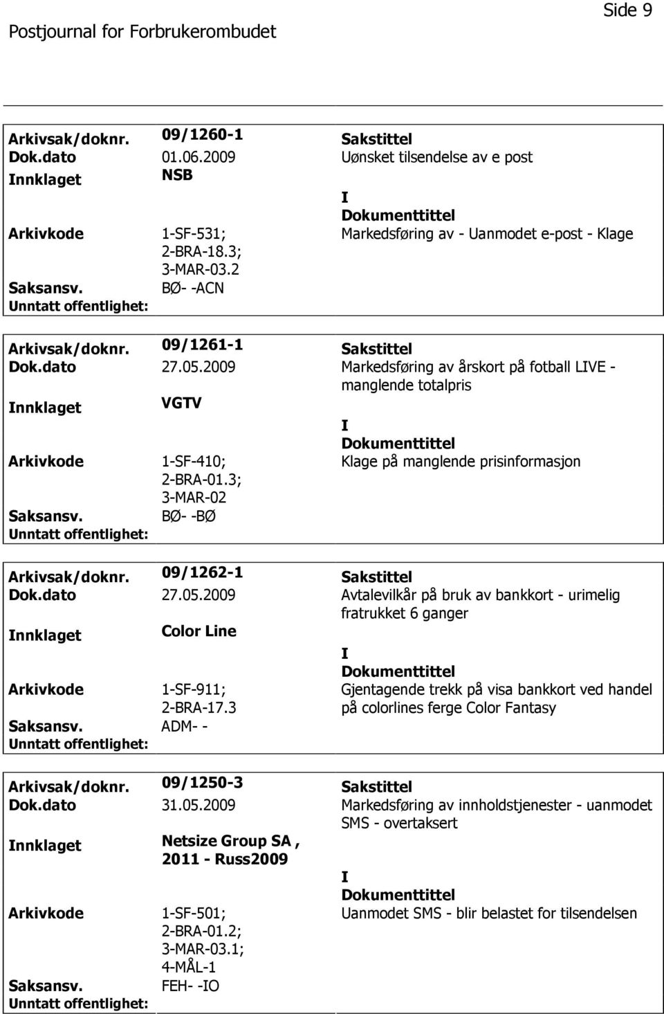 2009 Markedsføring av årskort på fotball LVE - manglende totalpris nnklaget VGTV 1-SF-410; 2-BRA-01.3; 3-MAR-02 BØ- -BØ Klage på manglende prisinformasjon Arkivsak/doknr. 09/1262-1 Sakstittel Dok.