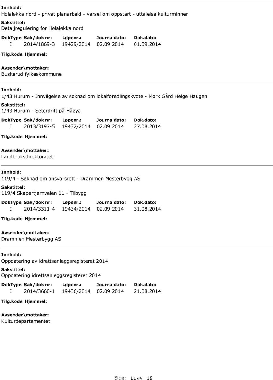 2014 Landbruksdirektoratet 119/4 - Søknad om ansvarsrett - Drammen Mesterbygg AS 119/4 Skapertjernveien 11 - Tilbygg 2014/3311-4 19434/2014 31.08.