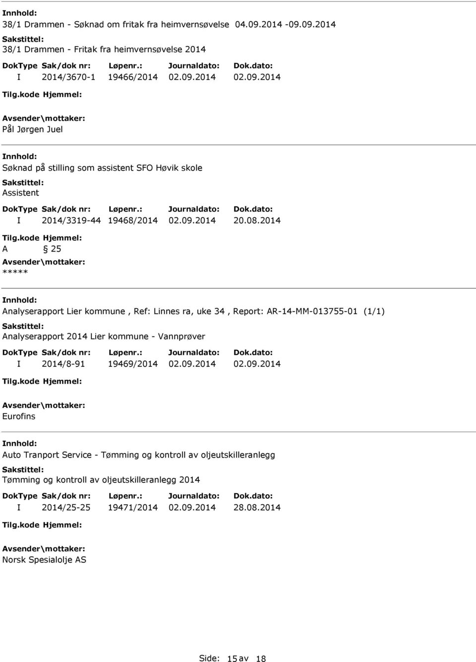 09.2014 38/1 Drammen - Fritak fra heimvernsøvelse 2014 2014/3670-1 19466/2014 ål Jørgen Juel Søknad på stilling som assistent SFO Høvik skole