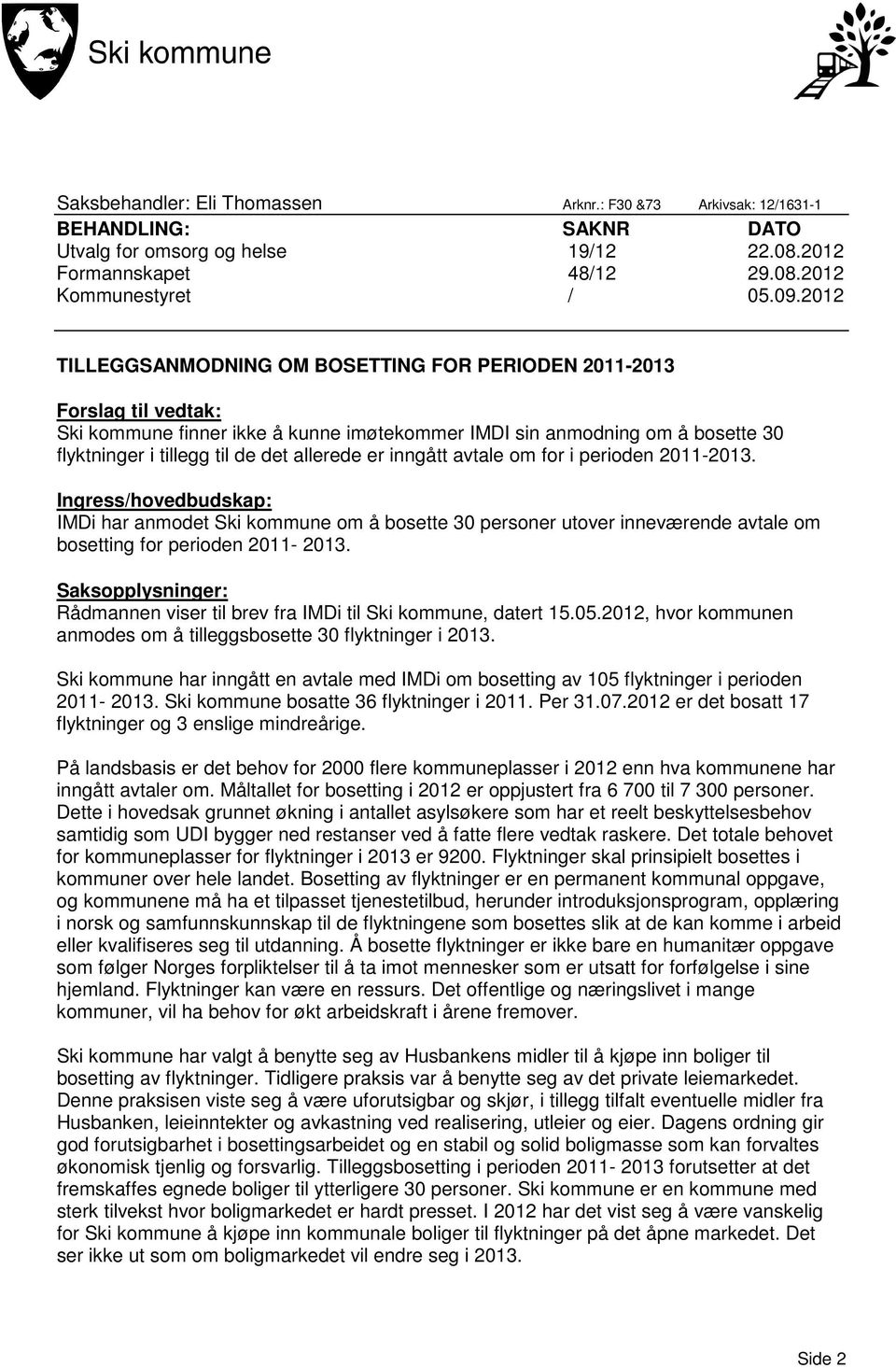 er inngått avtale om for i perioden 2011-2013. Ingress/hovedbudskap: IMDi har anmodet Ski kommune om å bosette 30 personer utover inneværende avtale om bosetting for perioden 2011-2013.