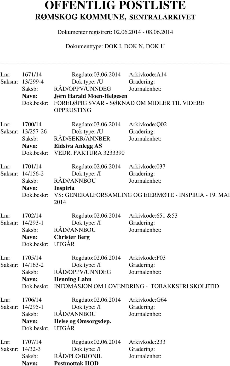 type: /U Gradering: Saksb: RÅD/SEKR/ANNBER Journalenhet: Eidsiva Anlegg AS Dok.beskr: VEDR. FAKTURA 3233390 Lnr: 1701/14 Regdato:02.06.2014 Arkivkode:037 Saksnr: 14/156-2 Dok.