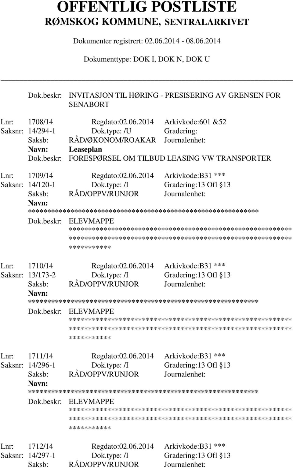 2014 Arkivkode:B31 *** Saksnr: 14/120-1 Dok.type: /I Gradering:13 Ofl 13 ** Dok.beskr: ELEVMAPPE Lnr: 1710/14 Regdato:02.06.2014 Arkivkode:B31 *** Saksnr: 13/173-2 Dok.