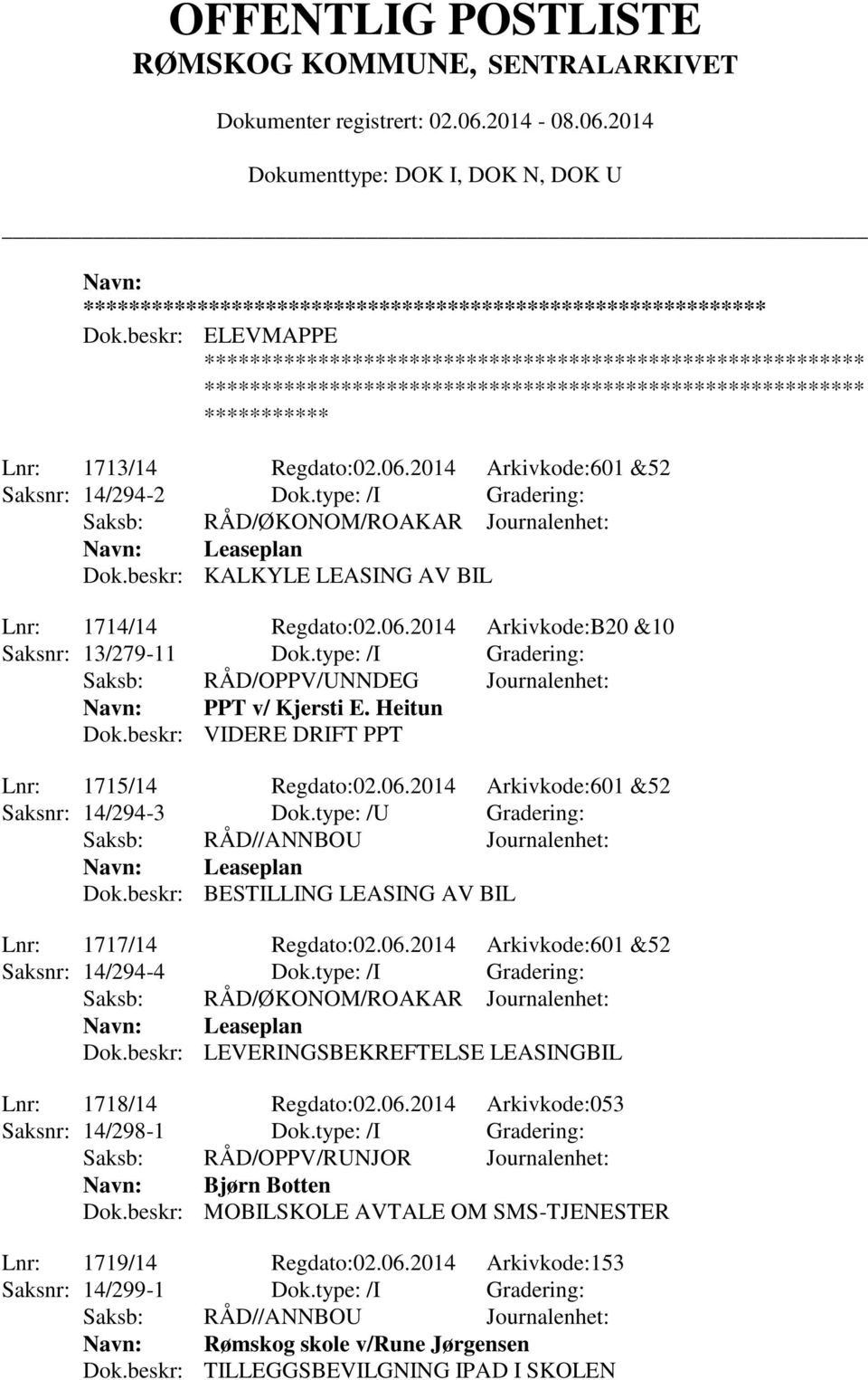 06.2014 Arkivkode:601 &52 Saksnr: 14/294-3 Dok.type: /U Gradering: Leaseplan Dok.beskr: BESTILLING LEASING AV BIL Lnr: 1717/14 Regdato:02.06.2014 Arkivkode:601 &52 Saksnr: 14/294-4 Dok.