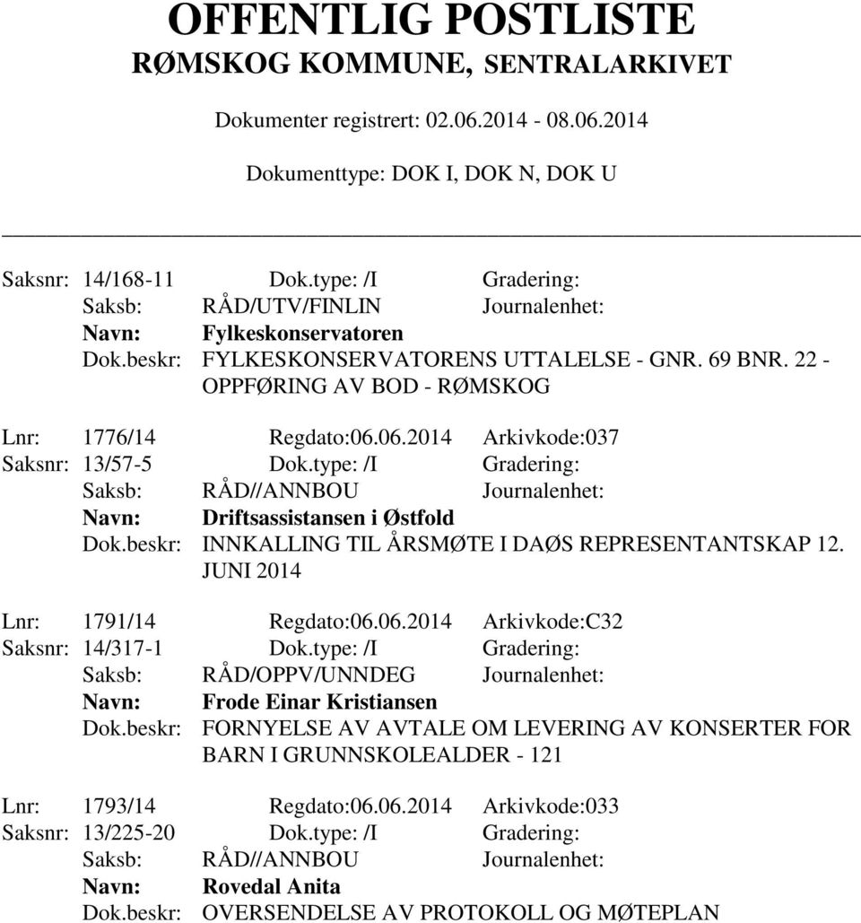 beskr: INNKALLING TIL ÅRSMØTE I DAØS REPRESENTANTSKAP 12. JUNI 2014 Lnr: 1791/14 Regdato:06.06.2014 Arkivkode:C32 Saksnr: 14/317-1 Dok.