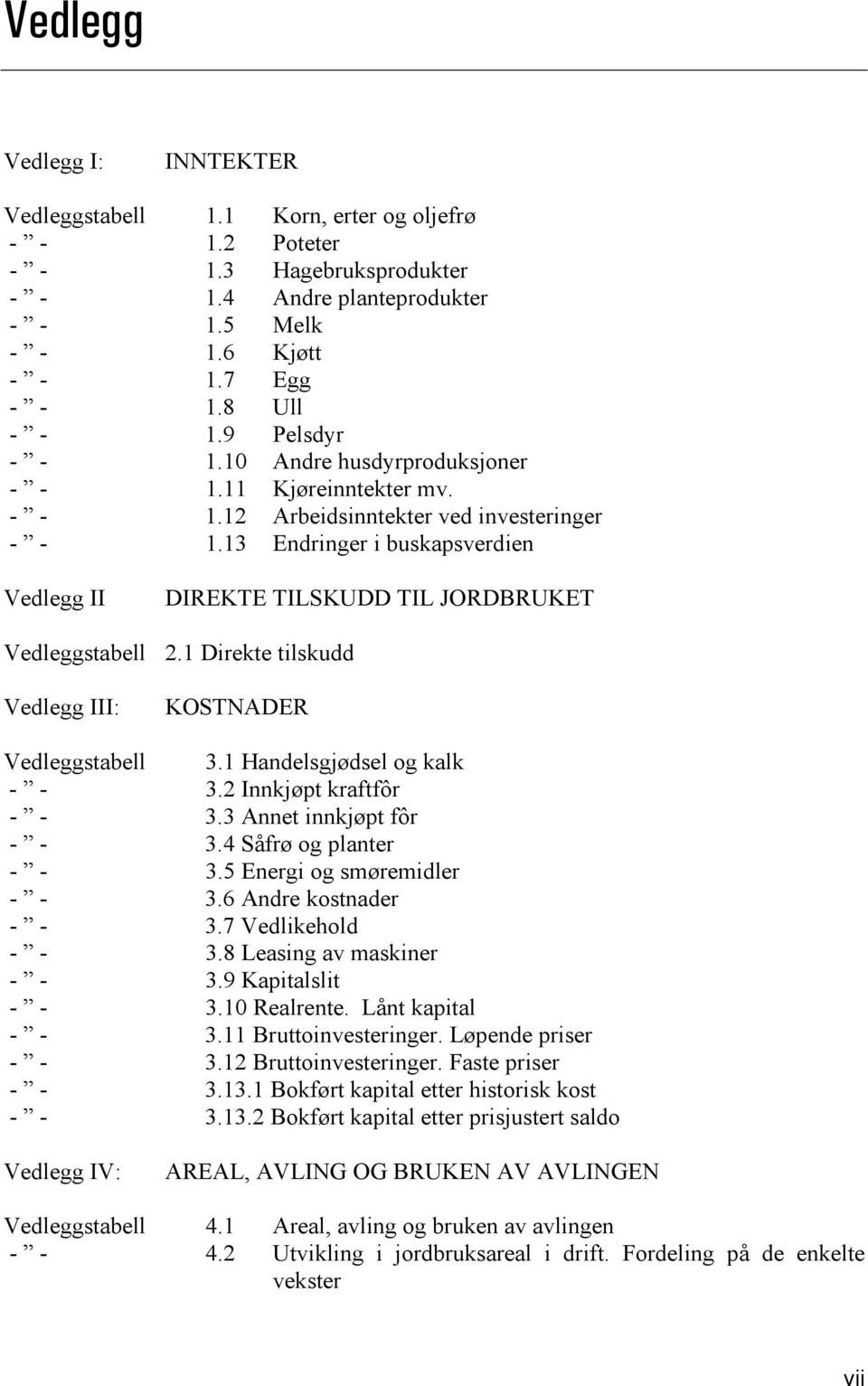 13 Endringer i buskapsverdien Vedlegg II DIREKTE TILSKUDD TIL JORDBRUKET Vedleggstabell 2.1 Direkte tilskudd Vedlegg III: KOSTNADER Vedleggstabell 3.1 Handelsgjødsel og kalk - - 3.