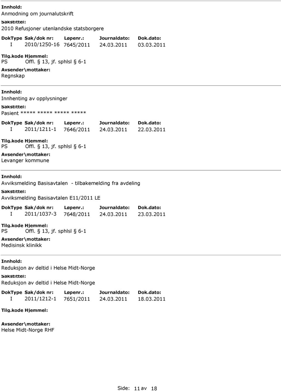 Basisavtalen - tilbakemelding fra avdeling Avviksmelding Basisavtalen E11/2011 LE 2011/1037-3 7648/2011 Medisinsk klinikk