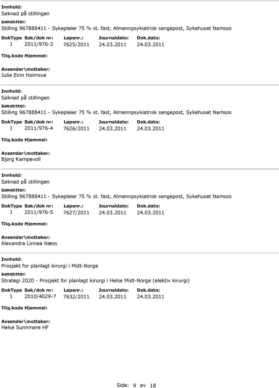 7626/2011 Bjørg Kampevoll  fast, Almennpsykiatrisk sengepost, Sykehuset Namsos 2011/976-5 7627/2011 Alexandra Linnea Næss Prosjekt for planlagt kirurgi i