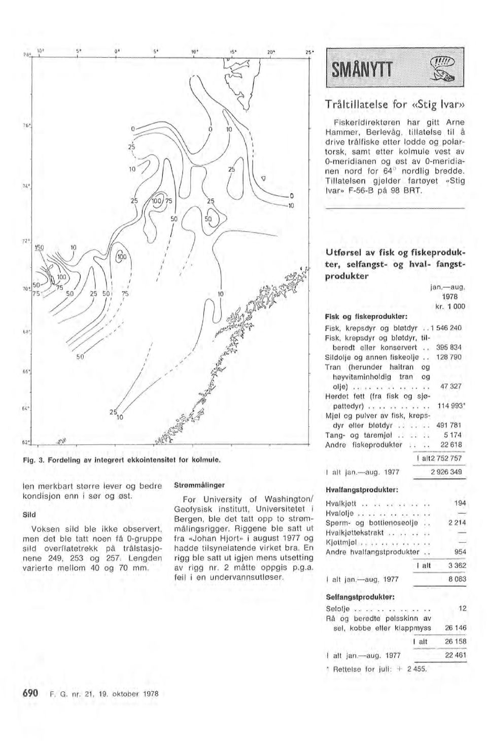 ... Sperm- og bottenoseoje Hvakjøttekstrakt...... Kjottmjø.... jan.-aug. 1978 kr. 1 000 at2 752 757 2 926 349 194 2 214 ---------- 1 at 3 362 at jan.-aug. 1977 8 083 Sefangstprodukter: Rå og beredte pesskinn av Rettese for jui: + 2 455.