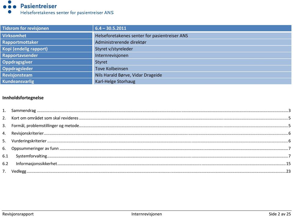 Internrevisjonen Oppdragsgiver Styret Oppdragsleder Tove Kolbeinsen Revisjonsteam Nils Harald Børve, Vidar Drageide Kundeansvarlig Karl Helge Storhaug