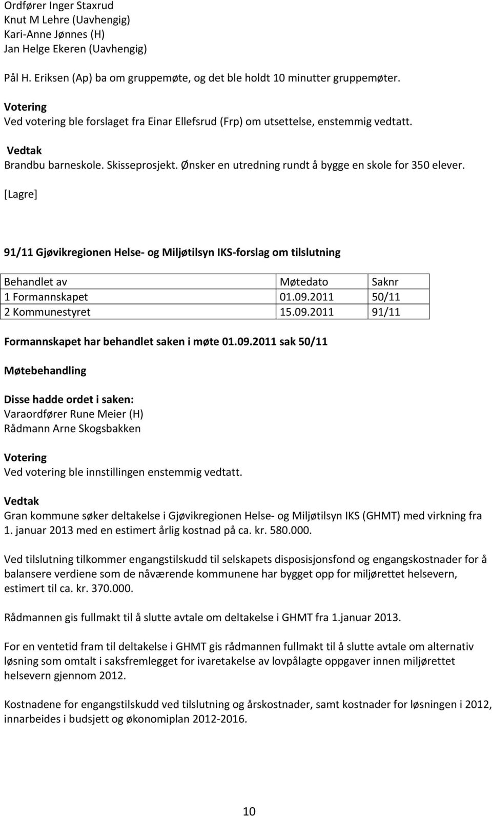 91/11 Gjøvikregionen Helse og Miljøtilsyn IKS forslag om tilslutning 1 Formannskapet 01.09.