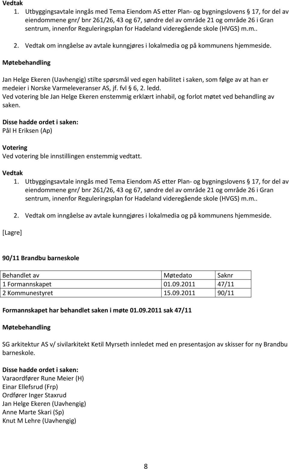 Jan Helge Ekeren (Uavhengig) stilte spørsmål ved egen habilitet i saken, som følge av at han er medeier i Norske Varmeleveranser AS, jf. fvl 6, 2. ledd.