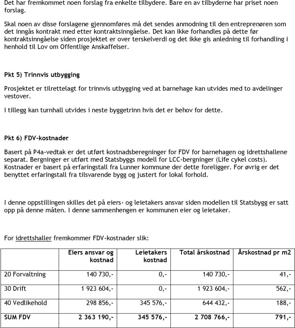 Det kan ikke forhandles på dette før kontraktsinngåelse siden prosjektet er over terskelverdi og det ikke gis anledning til forhandling i henhold til Lov om Offentlige Anskaffelser.