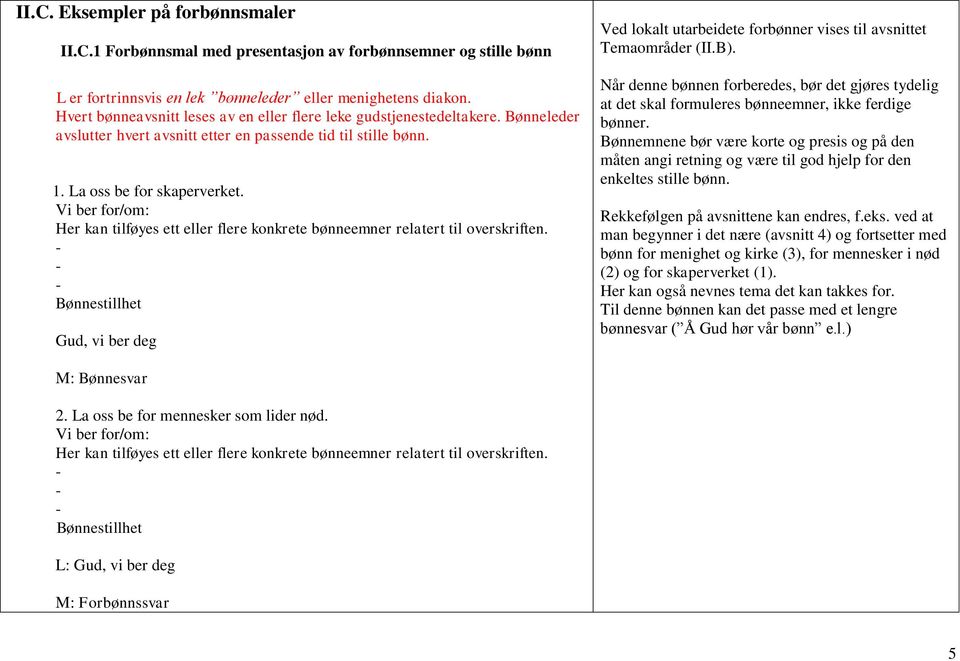 Vi ber for/om: Her kan tilføyes ett eller flere konkrete bønneemner relatert til overskriften. Bønnestillhet Gud, vi ber deg Ved lokalt utarbeidete forbønner vises til avsnittet Temaområder (II.B).