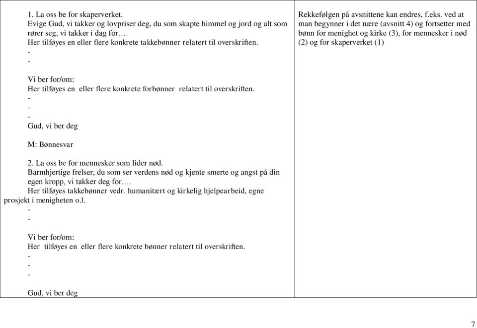 ved at man begynner i det nære (avsnitt 4) og fortsetter med bønn for menighet og kirke (3), for mennesker i nød (2) og for skaperverket (1) Vi ber for/om: Her tilføyes en eller flere konkrete