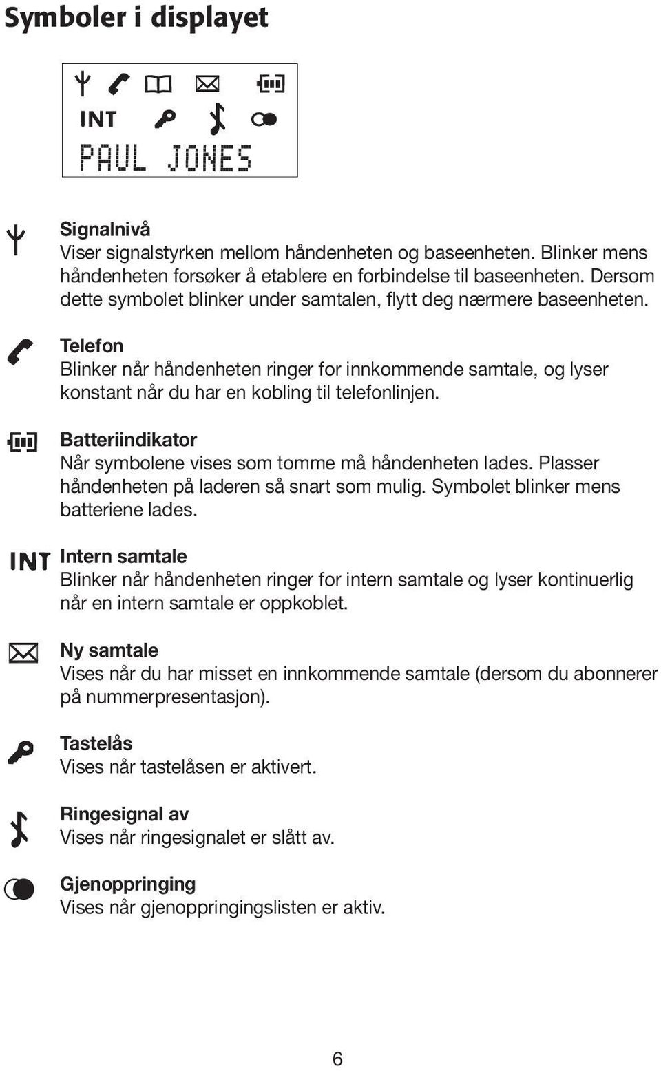 Batteriindikator Når symbolene vises som tomme må håndenheten lades. Plasser håndenheten på laderen så snart som mulig. Symbolet blinker mens batteriene lades.