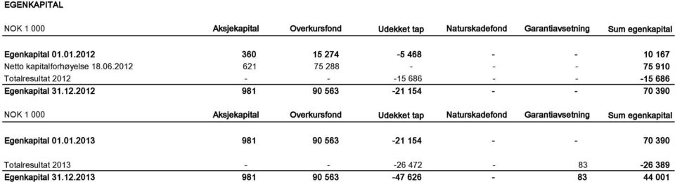 2012 621 75 288 - - - 75 910 Totalresultat 2012 - - -15 686 - - -15 686 Egenkapital 31.12.2012 981 90 563-21 154 - - 70 390 NOK 1 000