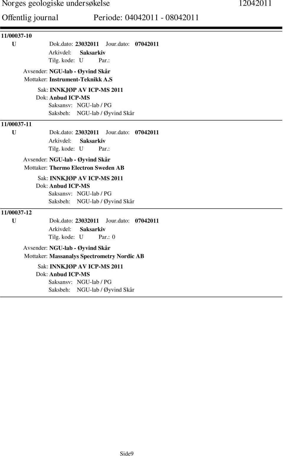 dato: 07042011 Avsender: NGU-lab - Øyvind Skår Mottaker: Thermo Electron Sweden AB Sak: INNKJØP AV ICP-MS 2011 Dok: Anbud ICP-MS Saksansv: NGU-lab / PG Saksbeh: NGU-lab