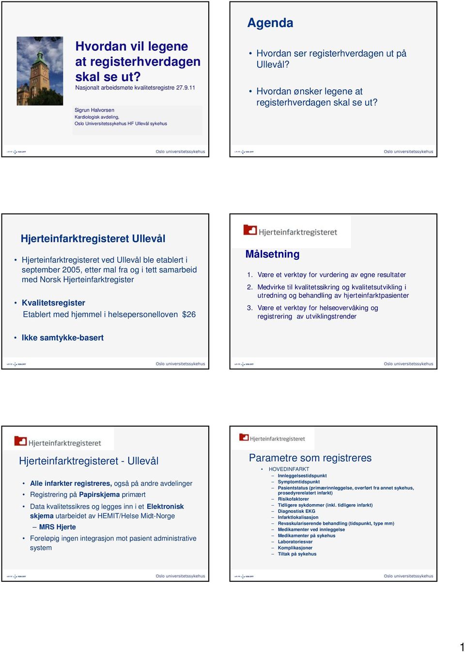 Hjerteinfarktregisteret Ullevål Hjerteinfarktregisteret ved Ullevål ble etablert i september 2005, etter mal fra og i tett samarbeid med Norsk Hjerteinfarktregister Kvalitetsregister Etablert med