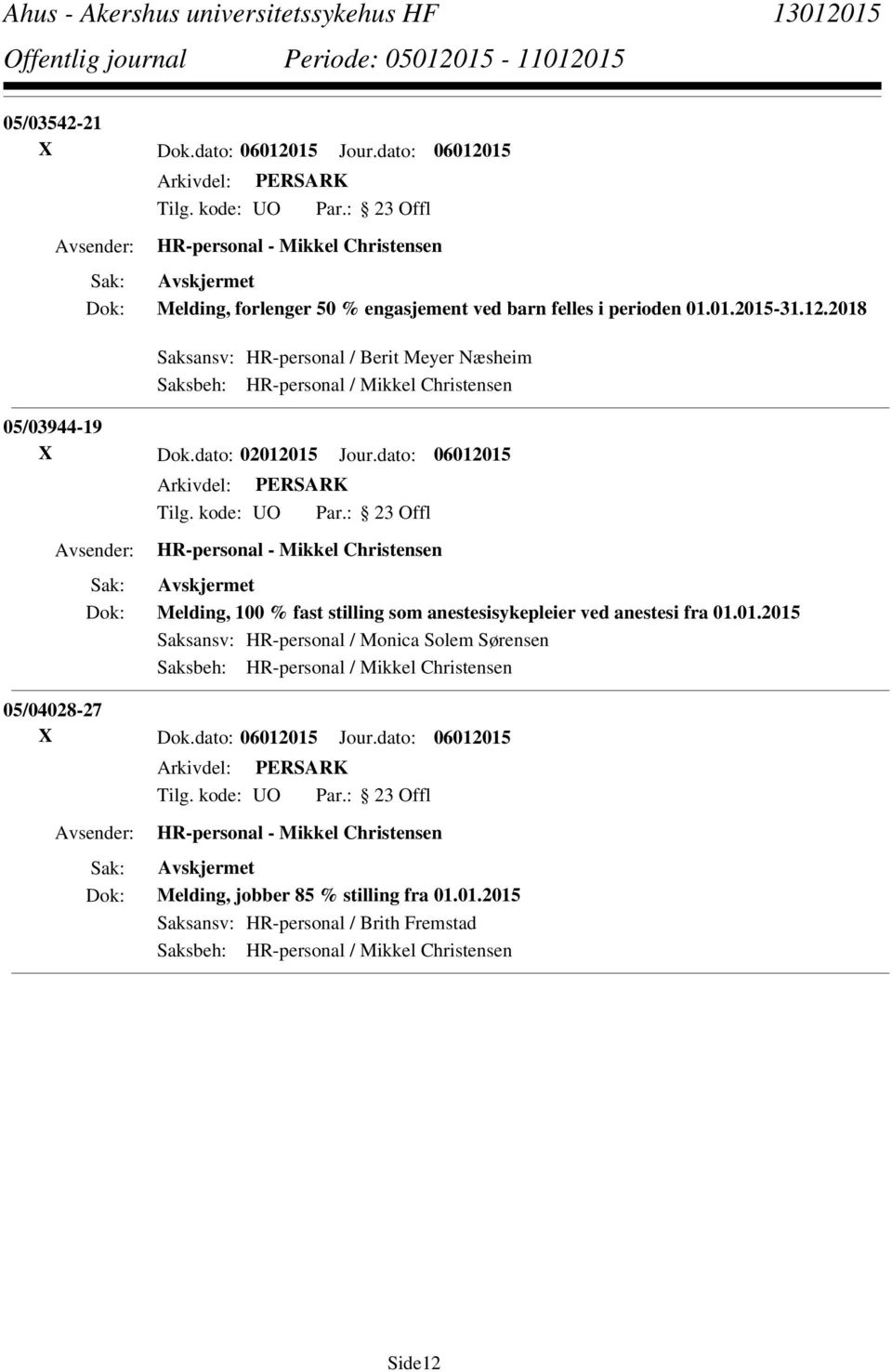 dato: 06012015 Jour.dato: 06012015 HR-personal - Mikkel Christensen Melding, jobber 85 % stilling fra 01.01.2015 Saksansv: HR-personal / Brith Fremstad Saksbeh: HR-personal / Mikkel Christensen Side12