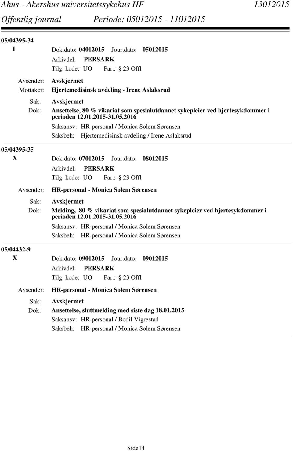 dato: 08012015 HR-personal - Monica Solem Sørensen Melding, 80 % vikariat som spesialutdannet sykepleier ved hjertesykdommer i perioden 12.01.2015-31.05.